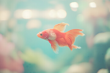 Obraz premium Orange Goldfish Swimming in Aquarium with Bokeh Background