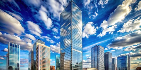 Modern skyscraper architecture stands tall amidst bustling cityscape with sleek glass facade reflecting blue sky and fluffy white clouds on sunny afternoon.