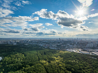 Yekaterinburg aerial panoramic view in summer sunset. Ekaterinburg is the fourth largest city in Russia located in the Eurasian continent on the border of Europe and Asia.