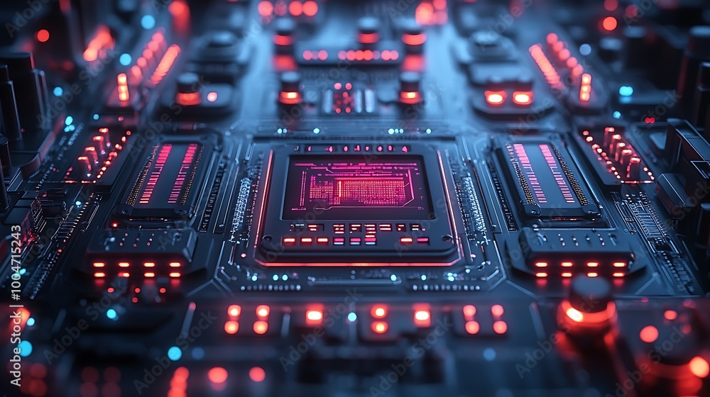 Poster close up of a computer processor on a motherboard with red neon lights
