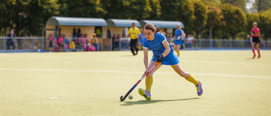 Young female player leading the ball in a field hockey match