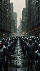 March of the Sentinels depicted in a dystopian cityscape.