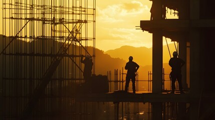 Silhouetted construction workers and an engineer on a high scaffold, with the evening sun casting a warm glow and illuminating the partially completed building structure