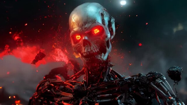 Scary robot skull with glowing red eyes and a fire blast, perfect for horror, cyberpunk, and sci-fi films.. AI Generation