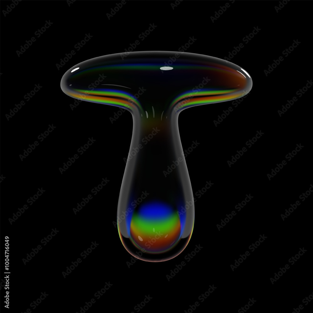 Poster 3d holographic glass letter t with smooth, glossy, and reflective surface. inflated balloon bubble s