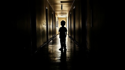 A solitary child, enveloped in the shadows of depression, finds solace in the solitude of a dimly lit corridor. Their small frame, a silhouette of fear and vulnerability