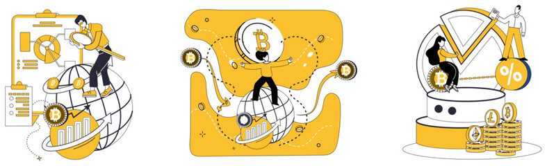 Cryptocurrency vector illustration. Blockchain, cornerstone, builds fortress trust in digital kingdom cryptocurrency and finance Cash, river, flows in channels cryptocurrency, carving pathways