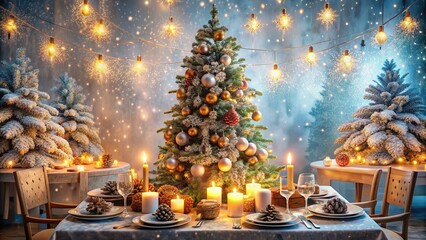 Sparkling Christmas tree decorations and twinkling lights illuminated on festive holiday table setting with ornaments, garlands, and pinecones on a snowy winter morning atmosphere.