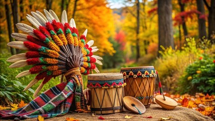 Traditional Native American tribal headdress, colorful woven blanket, and rustic wooden drums surrounded by lush greenery and vibrant fall foliage in serene outdoor setting.