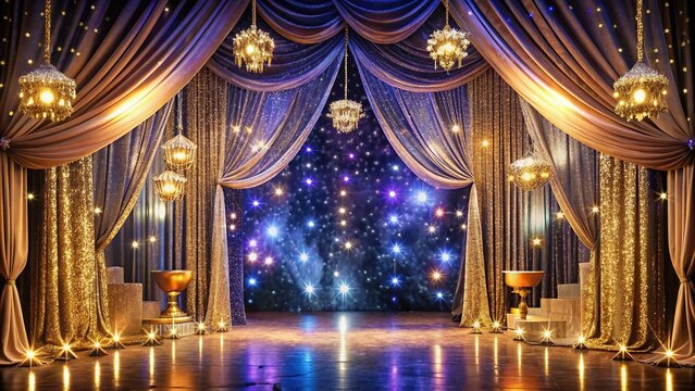 Elegant sparkly curtains, velvet drapes, and lavish decorations adorn a luxurious backdrop, creating a lavish stage for a magical prom night celebration.