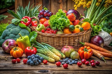 Fresh organic fruits and vegetables arranged on a rustic wooden table surrounded by natural elements, promoting a balanced and wholesome lifestyle approach.