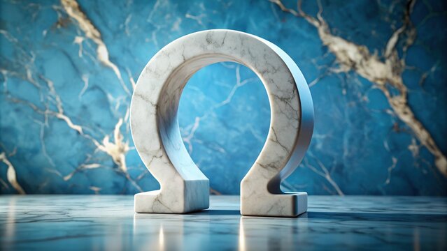 Ancient Greek symbol omega rendered in white marble against a blurred blue background with subtle cracks and wear, exuding a sense of timeless wisdom.