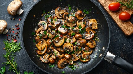 Cooking mushrooms in a sizzling pan with herbs. Delicious fried mushrooms in frying pan