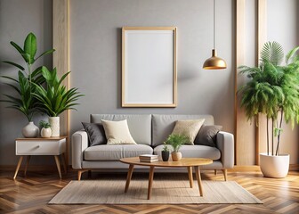 Frame mockup, ISO A paper size. Living room poster mockup. Modern interior design. Living room Interior mockup with house background. 3D render