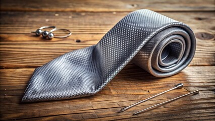 Close-up of a lonely silver necktie lying on a worn wooden table with a needle and threads nearby, awaiting repair.