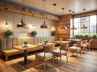 Cozy modern restaurant interior with wooden tables, comfortable booths, and pendant lamps, set against a warm beige background, evoking a sense of comfort and elegance.