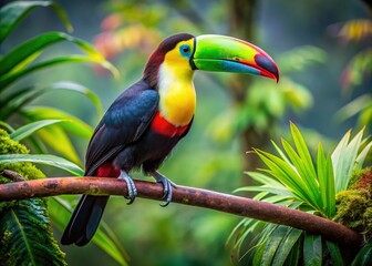 Obraz premium Vibrant toucan perches on a lush green tree branch, its brightly colored beak and plumage standing out against the natural tropical forest surroundings.