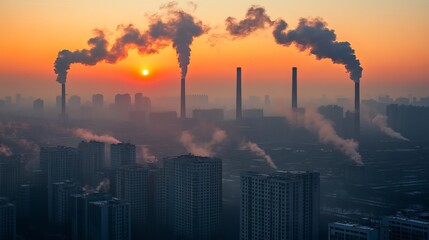 Fototapeta premium As the sun sets over a bustling metropolis, the winter air thickens with smoke from countless heating units, casting an ominous haze across the cityscape. Smokestacks pierce the skyline