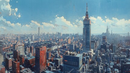 Obraz premium An artistic illustration of an urban city harmoniously blending with lush greenery, showcasing the beauty of a concrete jungle where nature and modern architecture thrive together