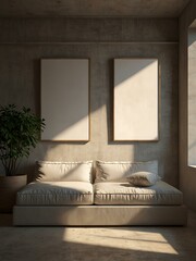 Minimalist interior with blank canvases in sunlight.