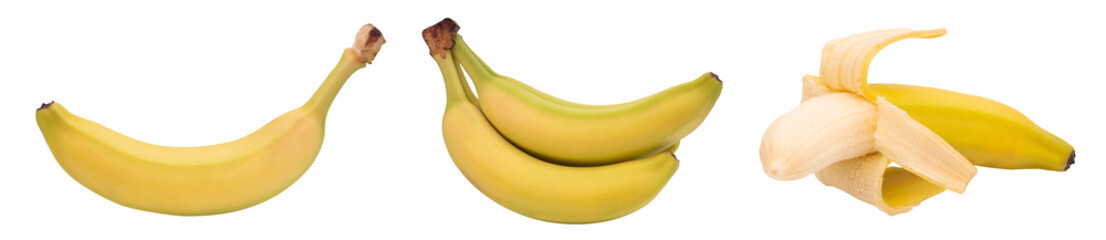 Banana on transparent background PNG, peeld banana,set of three bananas