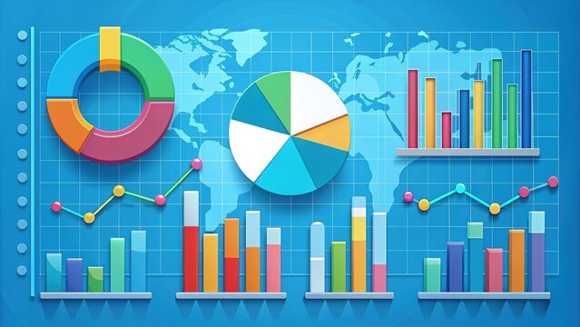 Colorful infographic displays percentages and statistics on a bright blue background, with circular charts, tables, and arrows illustrating growth and comparison data.