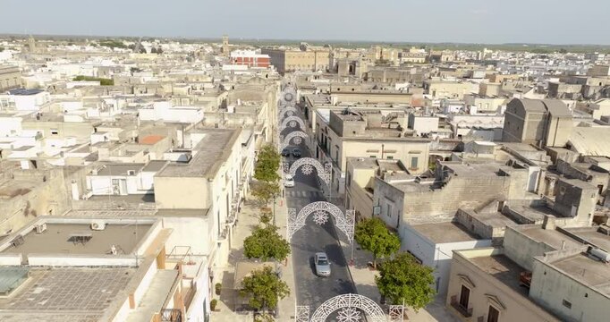 Aerial view of the main street of Manduria, in the province of Taranto, Italy. It is the road that crosses the historic center of the Apulian city.