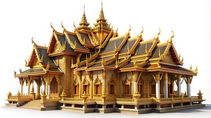 Elegant ornate golden Thai temple architecture with intricate carvings and mythical creatures, isolated on a pure white background with subtle shadows.