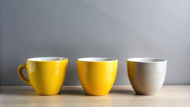 Three identical identical ceramic cups standing in a row, except one is bright yellow, standing out against the monochromatic backdrop of white and gray cups.