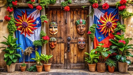 Vibrant colorful Puerto Rican flags, tropical flowers, and traditional masks adorn a rustic wooden door, capturing the essence of the island's rich cultural heritage.