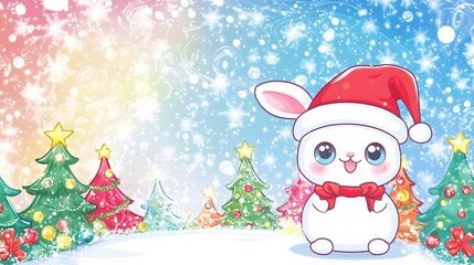 A kawaii Christmas card scene with a cute rabbit in a Santa hat, big-eyed people smiling, vibrant Christmas trees, colorful swirls, and a large blank space for writing a holiday message