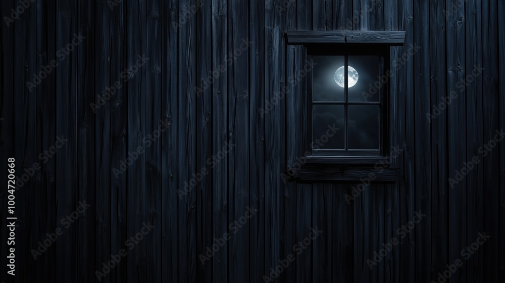 Poster a window with a full moon in the night sky. the room is dark and the window is the only source of li
