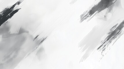 Obraz premium A white background with black and grey brush strokes. The brush strokes are in different directions and sizes, creating a sense of movement and energy. Scene is dynamic and expressive