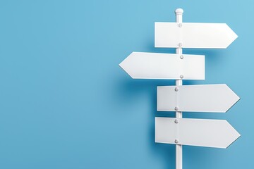 A white sign with four arrows pointing in different directions. The sign is on a blue background. The sign is meant to be a symbol of guidance or direction