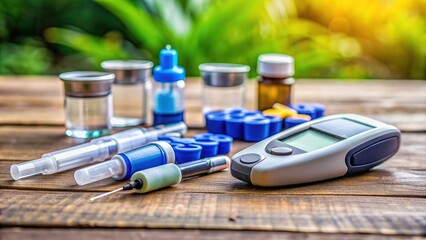 A collection of diabetic supplies, including a glucose meter, insulin vials, and test strips, arranged neatly on a wooden table with a blurred background.