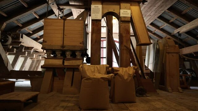 Inside an old retro mill. Still functional. Creating flour. Kvarnvikens kvarn, Stockholm, Sweden. September 2024.