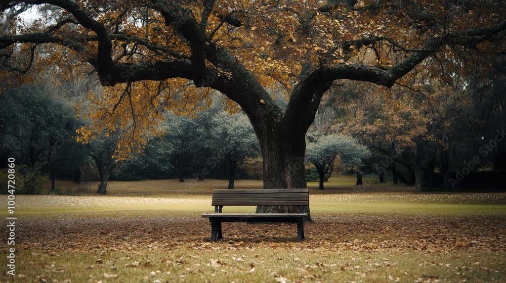 Poster bench is sitting in a park with a large tree in the background. the bench is empty and the tree is b
