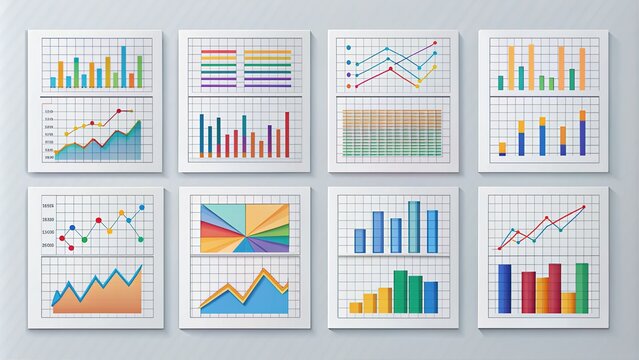 A colorful business graph paper with various editable charts, tables, and diagrams on a light gray background, ready for customization and data visualization.