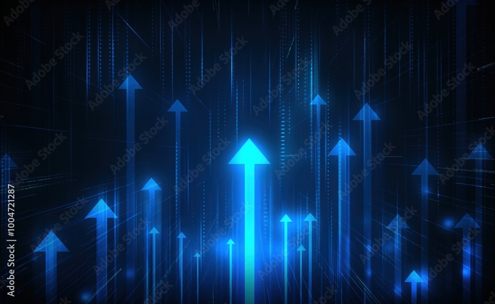 Poster blue background with many arrows pointing upwards. the arrows are all different sizes and are scatte