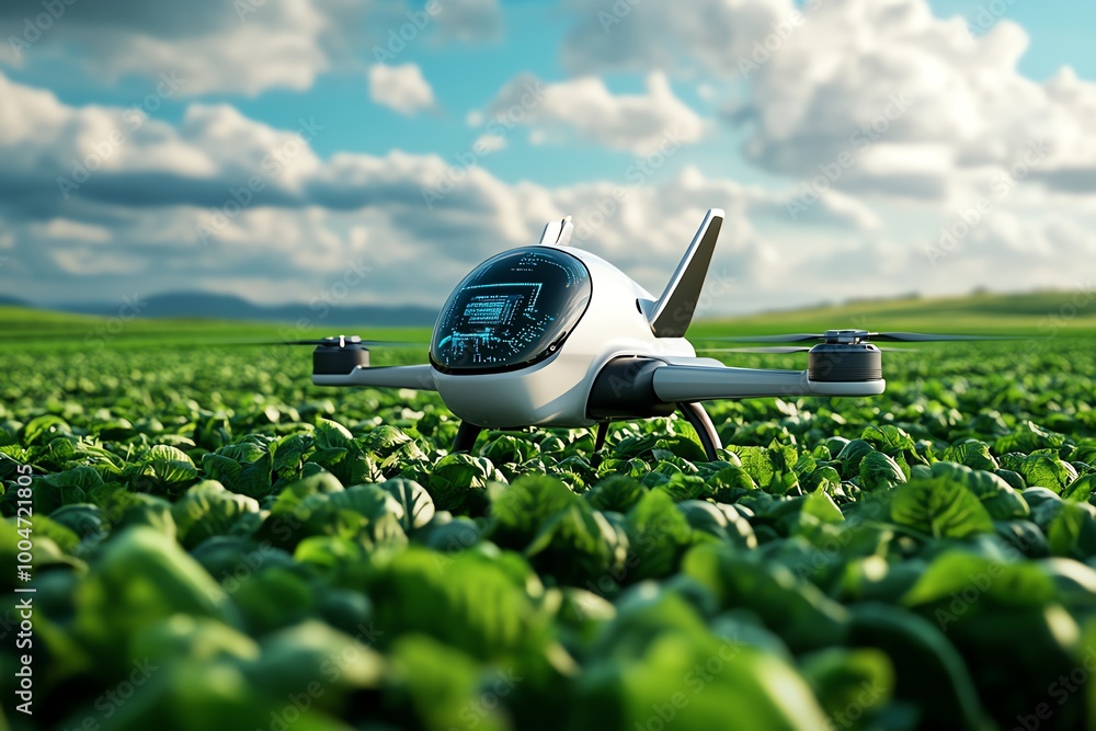 Poster a futuristic farm using tomorrowâ€™s innovations, where drones and ai systems monitor crops, ensurin