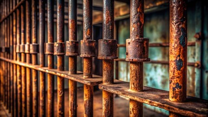 Close-up of rusty metal prison bars with weathered wooden grip, dramatic lighting, and blurred background, conveying a sense of confinement and longing.