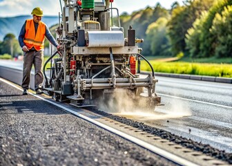 Fototapeta premium Machine applies fresh slurry seal to road surface, tire tracks visible, blurred motion conveys sense of action, smooth finish achieved with precision equipment in use.