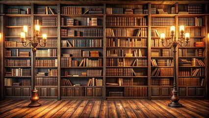 Cozy and elegant library background with wooden shelves, vintage books, and warm lighting, perfect for studio and photo sessions, creating a nostalgic atmosphere.