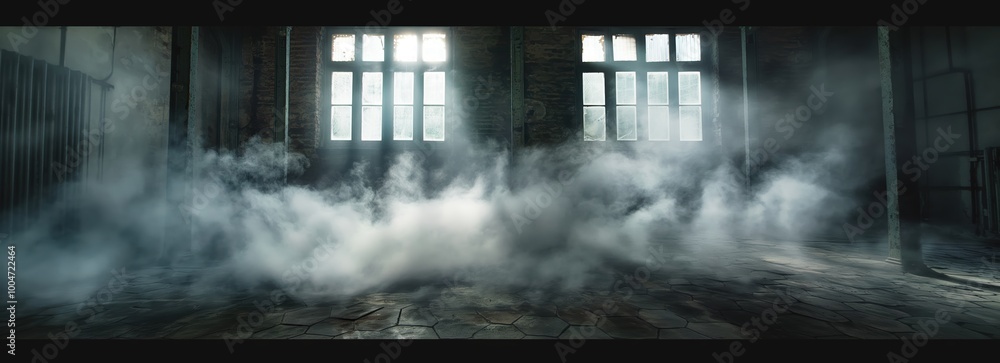 Poster dark room with a foggy atmosphere. the room is empty and the only light comes from the windows