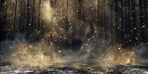 Dark forest with a lot of smoke and fire. The smoke is coming from a fire and the fire is creating a lot of sparks