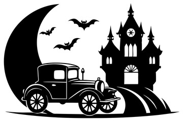 Fototapeta premium Halloween scene haunted mansion and hot rod under full moon 