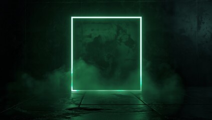 Green square with a green light in the middle. The light is surrounded by smoke. The image has a futuristic and mysterious feel to it