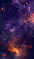 Fototapeta premium Enigmatic Halloween Scene with Glowing Jack-o-Lanterns in Purple and Orange Mist for Spooky Design
