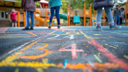 Group of children playing on a chalkboard with numbers and letters. The children are wearing different colored shoes and are standing in a circle