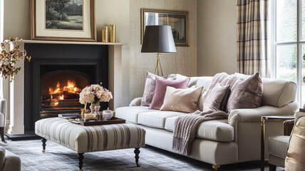 Elegant cottage or country house room, interior design and home decor, furniture and soft furnishing fabric and upholstery, English countryside style idea